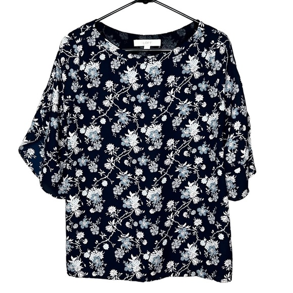 Loft Womens Blouse Size Small Blue Pink Floral Shirt 3/4 Flare Sleeve - Picture 1 of 8